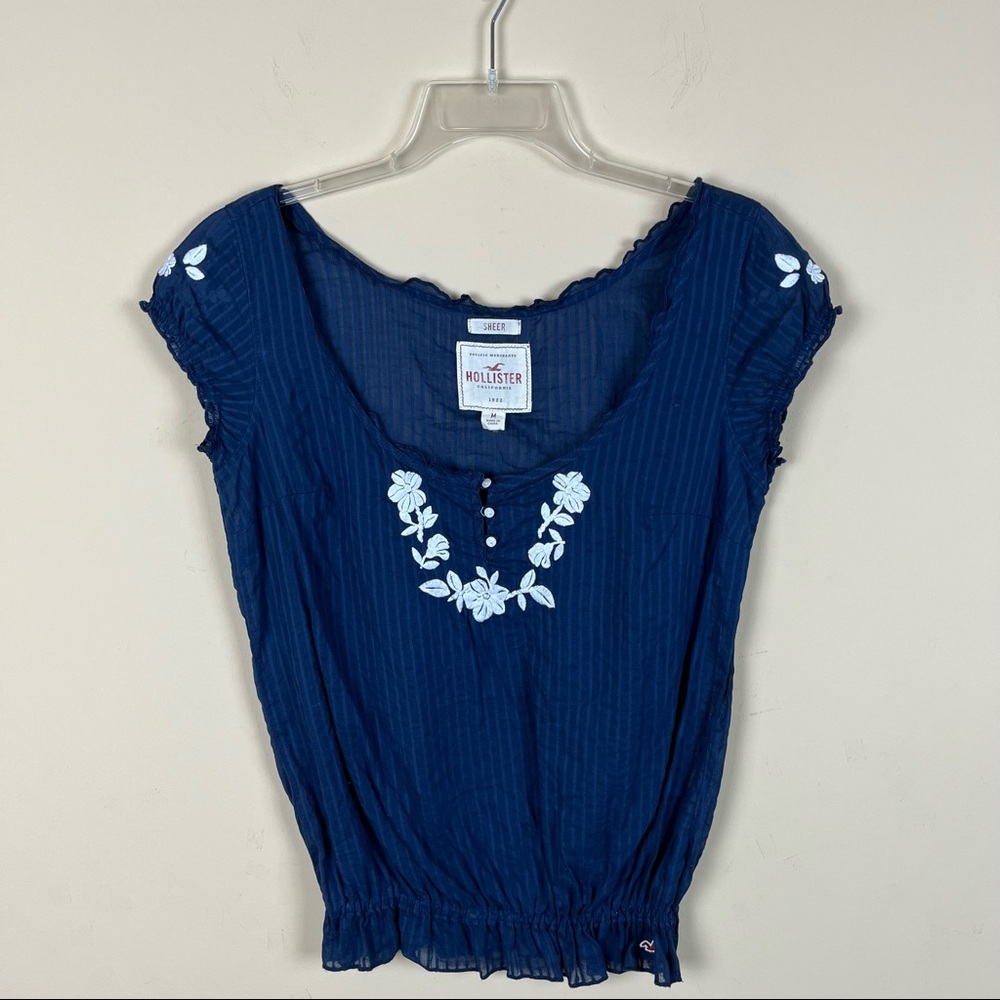 Sexy Hollister Navy Blue Semi Sheer White Floral Embroidered Top